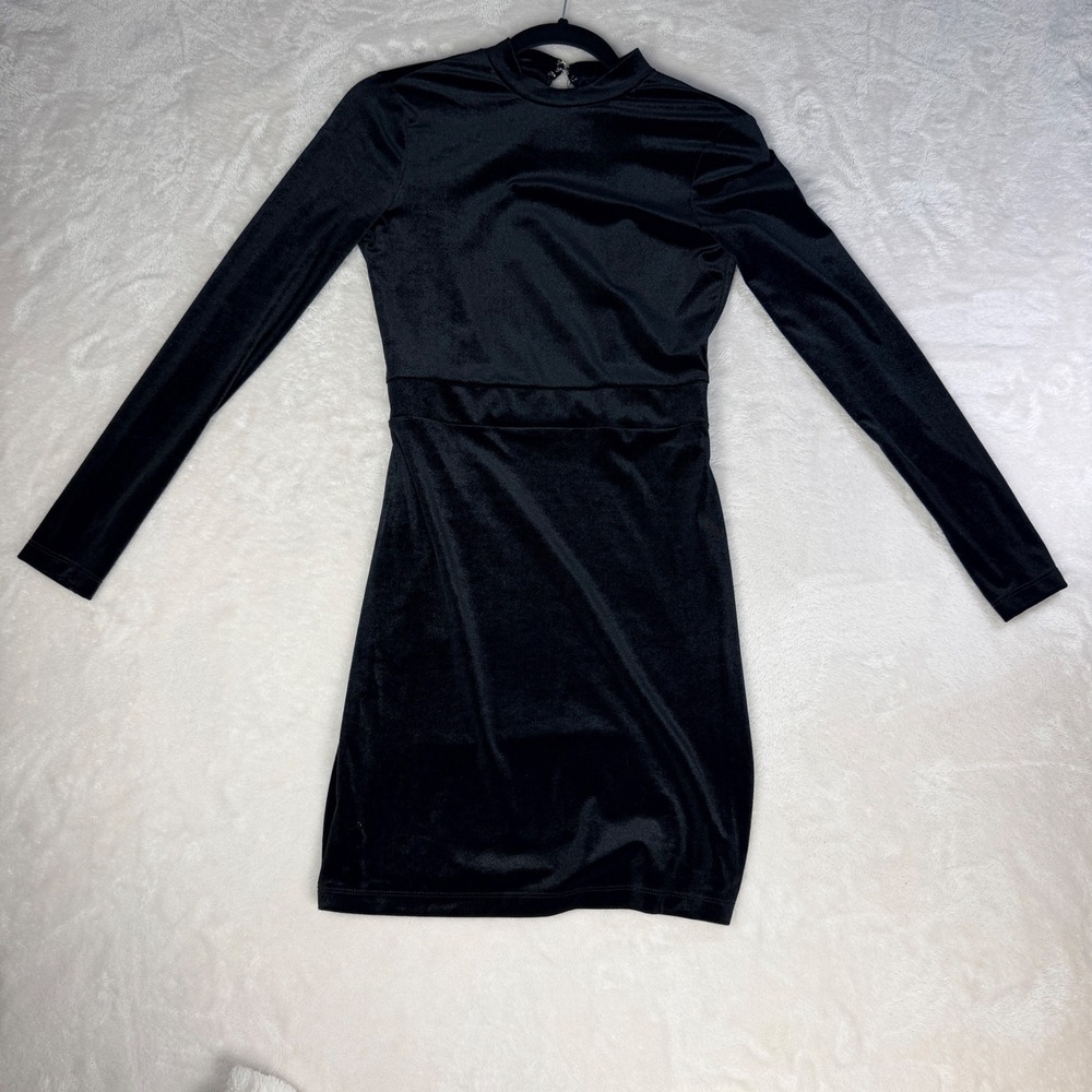 H&M Divided Black Velvet Mini Dress Womens 8 Mock Neck Open Back Long Sleeve LBD